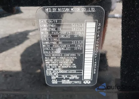 2019 Infiniti Qx50 Luxe from USA, damaged, VIN 3PCAJ5M30KF143733